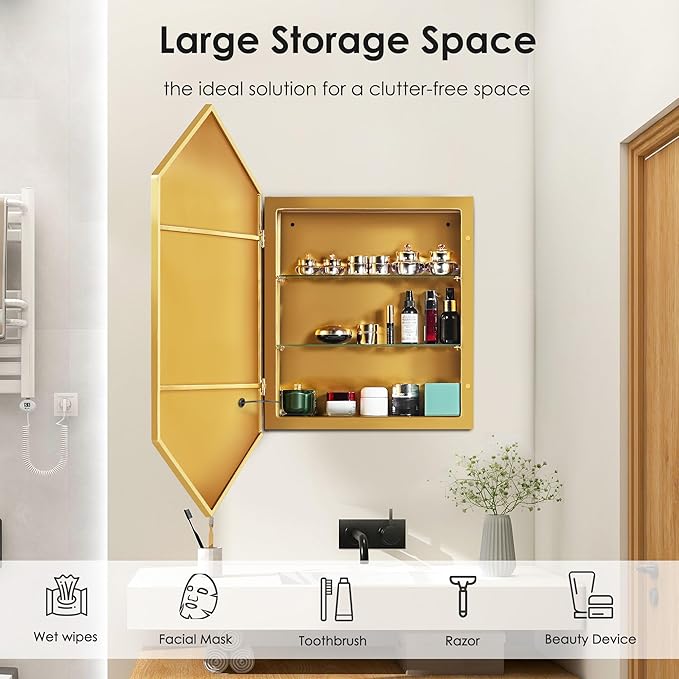 SogesHome Mirror Medicine Cabinet with 3-Color LED Lights, Hexagon Vanity Mirror Storage with 3-Tier Cabinet, Stainless Steel Frame and 2 Shelves for Bathroom, Bedroom, Entryway, Gold