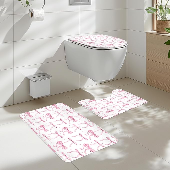 Cinbloo 4Pcs Pink Bow Shower Curtain Set, Retro Coquette Vintage Girly Preppy Cute Fashion Pretty Sweet Bathroom Curtain with Rug, Toilet Lid Cover, Bath Mat, Aesthetic Shower Curtain with 12 Hooks