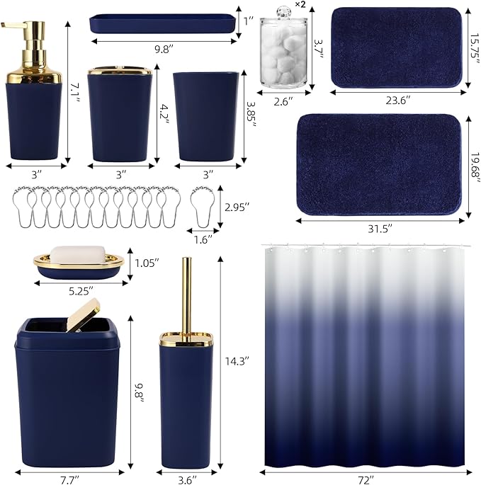 XLHOMO Bathroom Set - Navy Blue Bathroom Sets with Shower Curtain and Rugs, 24PCS Shower Curtain Set with Hooks, Soap Dispenser, Soap Dish, Toilet Brush Holder and Trash Can for Housewarming