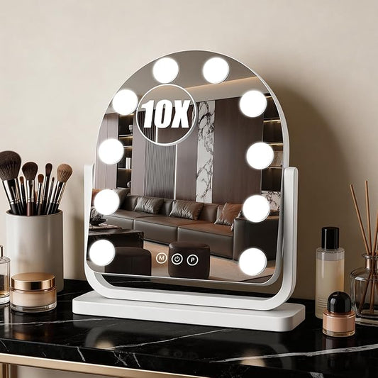 Rechargeable Arched Vanity Mirror with Lights, 14"×12" Hollywood Makeup Mirror with 10 Bulbs, 3000mAH Battery, 3-Color Lighting, Dimmable, 10x Magnification, Desk Mirror, Dorm Room Essentials (White)