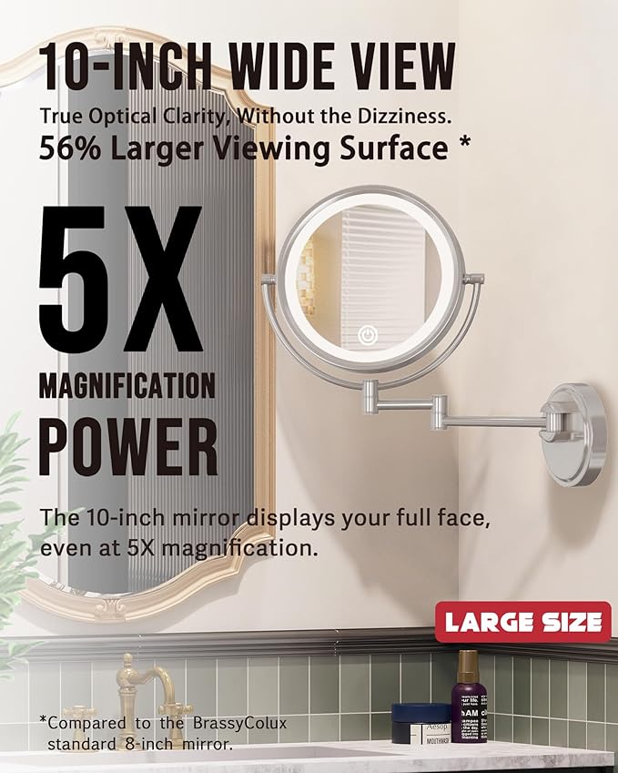 10" Large Wall Mounted Magnifying Mirror with Light, Hard Wired 1X/5X Double-Sided LED 3 Color Lighting Touch Dimmable Extended Arm 360 Rotation Vanity Mirror for Bathroom, Brushed Nickel