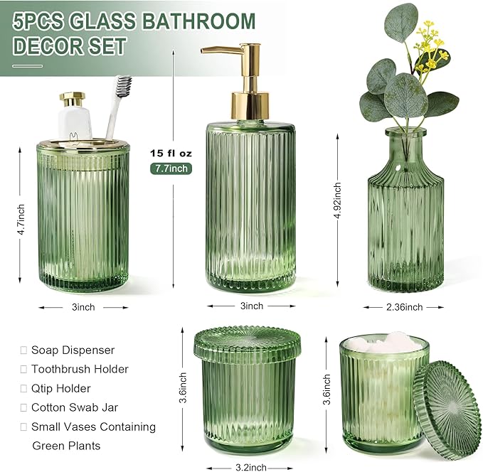 Green Bathroom Accessories 5 Pcs, Glass Bathroom Accessory Set, Vintage Green Bathroom Set, Sage Green Soap Dispenser and Toothbrush Holder Set, Qtip Holder, Small Flower Vase, Modern Bathroom Decor
