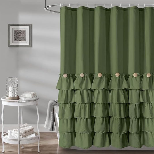 Seasonwood Sage Green Shower Curtain for Bathroom Cute Ruffle Shower Curtain 72 X 78 Inches Farmhouse Shower Curtains with Buttons & Green Ruffles