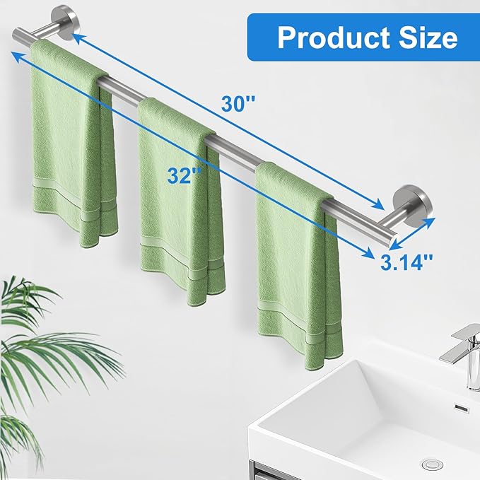 Brushed Nickel Towel Bar for Bathroom, Towel Rack for Bathroom Wall Mounted 30 Inch, SUS304 Stainless Steel Towel Rods for Bathroom, Total Length 32-Inch Bath Towel Holder, Modern Home Decor
