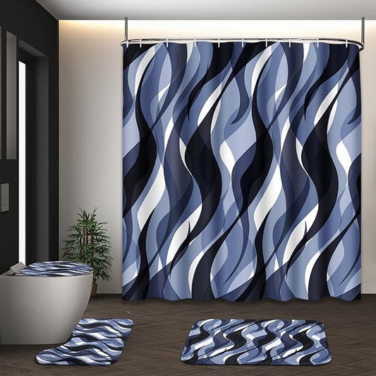 Blue Shower Curtain Set with Toilet Lid Cover and Non-Slip Rugs for Bathroom, Geometric Lines Ombre 4 Pcs Shower Curtain, Simple Abstract Modern Bathroom Set with 12 Hooks