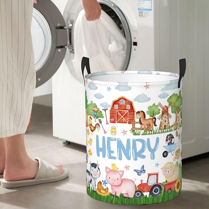 ZOE DAVISON Custom Farm Animals Laundry Baskets, Personalized Animal Pattern Gifts with Customized Name, Collapsible Laundry Hamper for Kids Adults Home Decoration,16.5 X 13.8in