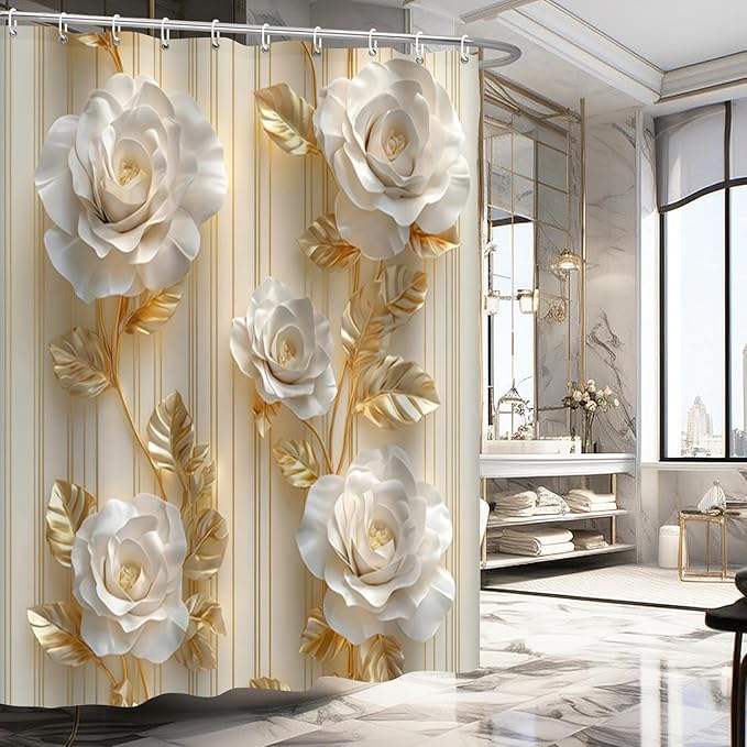 NBVKO 4Pcs Luxury White Rose Shower Curtain Set with 12 Hooks Non-Slip Rugs,Toilet Lid Cover and Bath Mat,Gold Bathroom Decor for Hotel & Home Bathroom