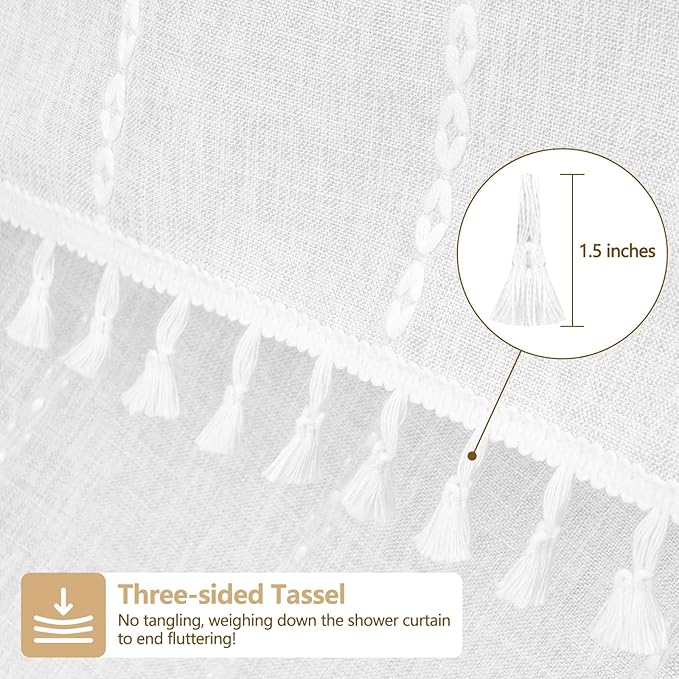 White Boho Fabric Shower Curtain with Tassels, Linen Textured French Country Shower Curtain Heavy Duty, 72 x 72 Inch Elegant Luxury Water Repellent Shower Curtains for Bathroom