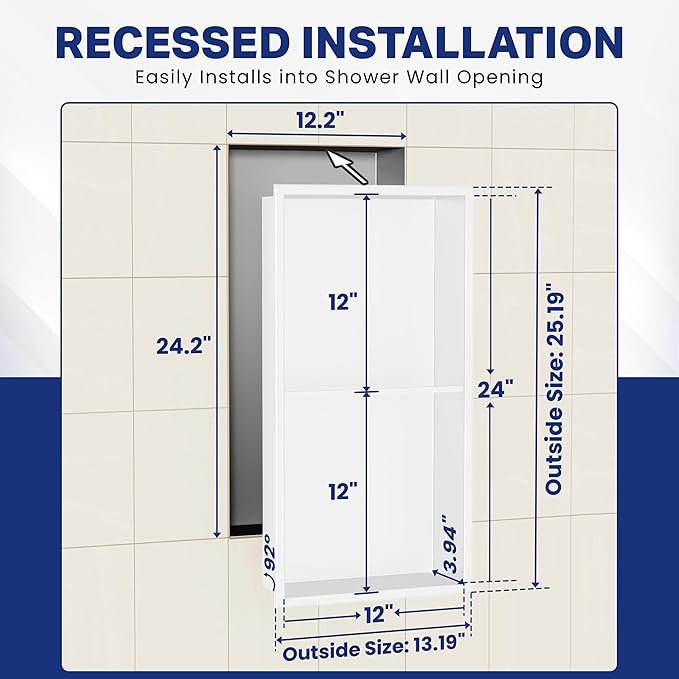 Stainless Steel Shower Niche No Tile Needed 24"x12" Inner Size (25.19"x13.19" Outside Size) Matte White - Niche for Shower Wall - Bathroom Niches - Includes Corner Shelves Razor Holders and Wall Hooks
