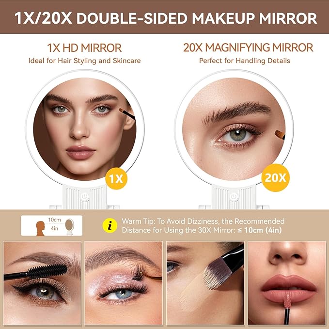 1X/20X Magnifying Mirror with Light, Double Sided Makeup Mirror with Adjustable 3 Color Light, 2000mAh Rechargeable Lighted Magnifying Mirrors with Tweezer, Foldable Travel Mirror with Rotation