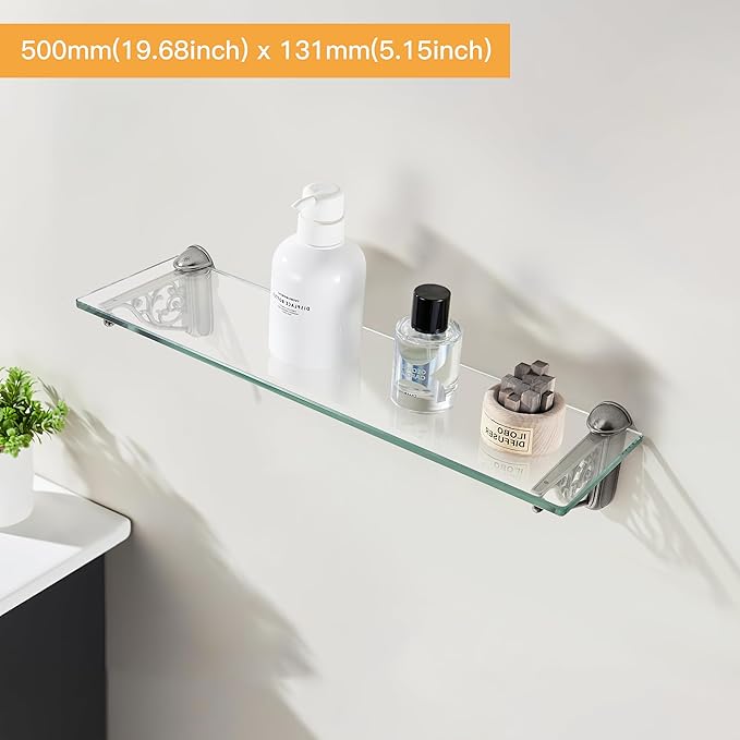 khtumeware 20 Inches Glass Shelves for Bathroom, Antique Silver Floating Glass Shelf Zinc Tempered Glass Bathroom Shelves for Wall Mount Modern