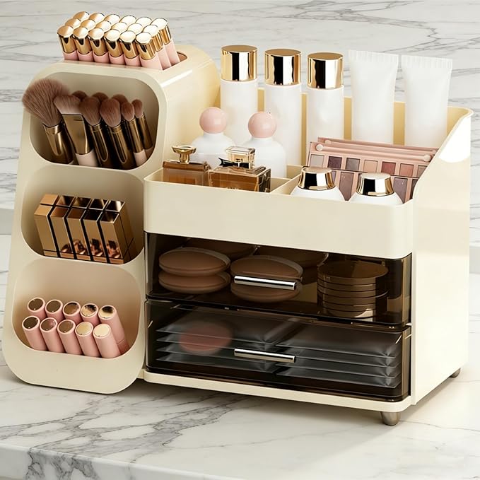 Covzoe Large Makeup Organizer with Drawers, Spacious Cosmetics Display Case with Brush Holder for Vanity, Skin Care Storage Solution for Lipstick Eyeshadow Palettes Beauty Essential Bathroom