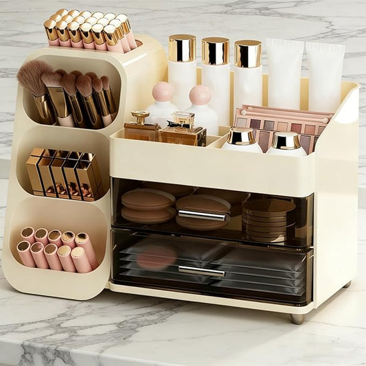 Covzoe Large Makeup Organizer with Drawers, Spacious Cosmetics Display Case with Brush Holder for Vanity, Skin Care Storage Solution for Lipstick Eyeshadow Palettes Beauty Essential Bathroom