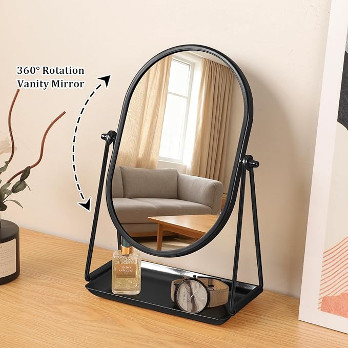 Desk Table Mirror with Stand Portable Vanity Tabletop Mirrors Black Metal Framed Oval Makeup Mirror 360°Adjust Rotate Cosmetic Mirrors Good for Office Bedroom Bathroom Dorm