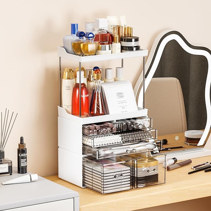 Yieach Bathroom Counter Organizers and Storage,White Acrylic Makeup Organizers with Drawers for Vanity,Bedroom,Plastic Skincare Organizer for Dresser Top Beauty,Cosmetic,Lotion and Perfume Organizer