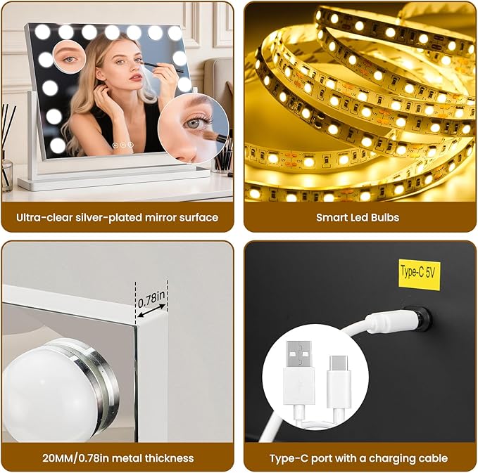 Vanity Mirror with Lights, 23"×17" Hollywood Makeup Mirror with 15 Dimmable Bulbs, 3-Color Lighting, Dimmable, 360° Rotation, 10x Magnification, Desk Mirror, Bedroom (White)