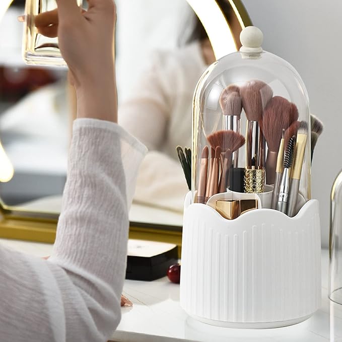 PerGar Makeup Brush Holder Organizer with Compartments, Transparent Dustproof 360 Degrees Rotatable Brush Storage Box with Lid, Cute Countertop Cosmetics Storage Cup for Vanity(White)