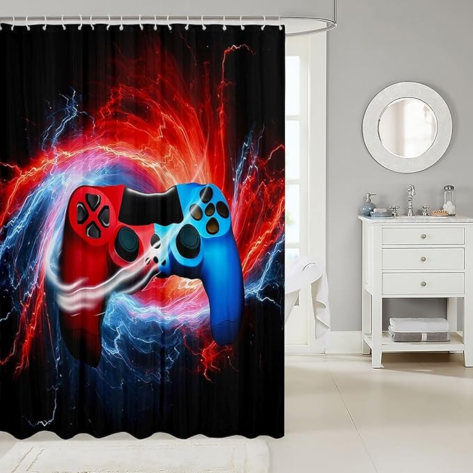 Feelyou Gamepad Bathroom Shower Curtain Set Kids Gamer Console Shower Curtain Modern Game Controller Bath Curtain for Boys Stalls Bathtubs Decor Red Blue Whirlwind Waterproof Curtain 72"x78"