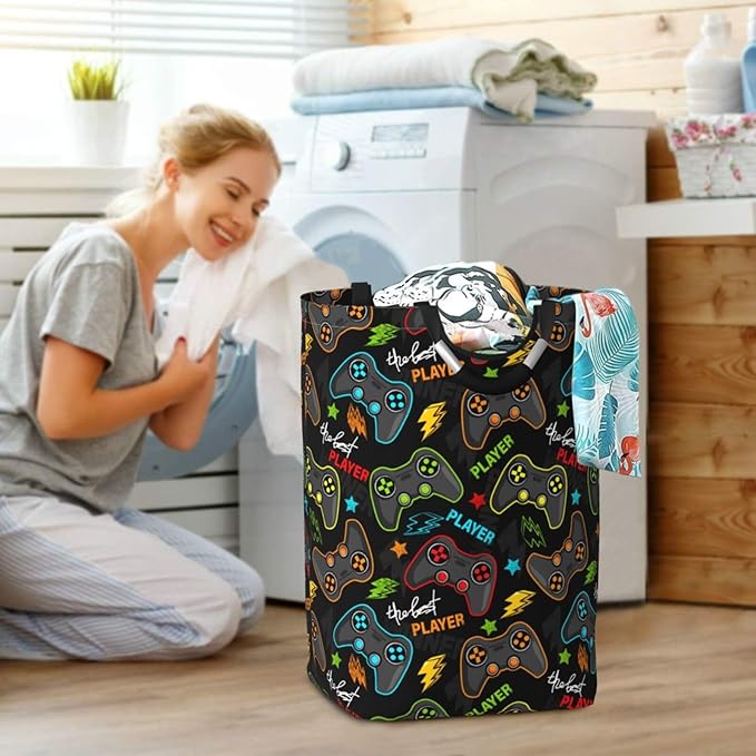 Video Game Gamer Gamepad Large Laundry Hamper Gaming Theme Storage Basket Toys Clothes Organizer Bin For Home Bathroom Bedroom Dorm Nursery, 60l