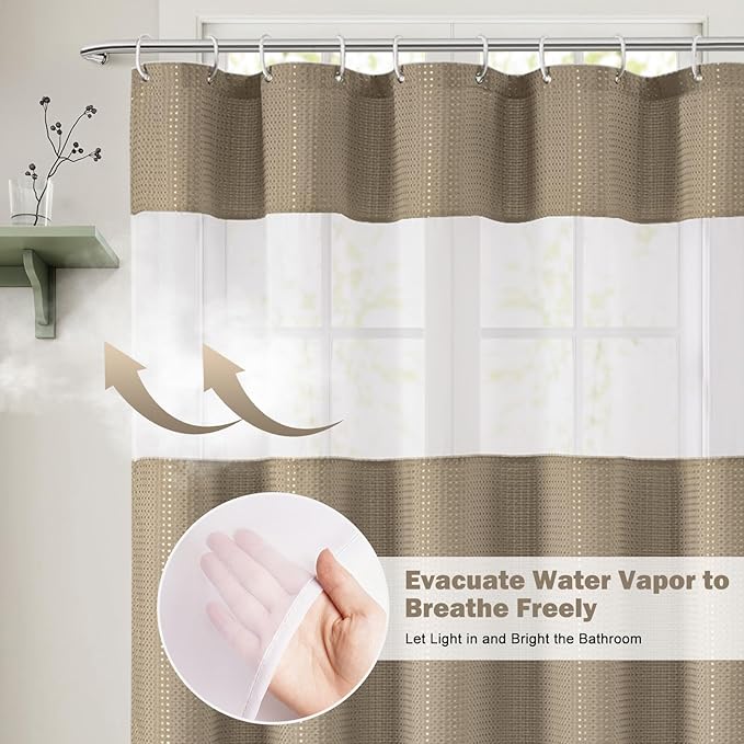 UFRIDAY Moka Waffle Weave Shower Curtain 72x72 inch, Spa Like Hotel Style Bath Curtain with Mesh Top Window, Heavy Duty Thick Fabric Shower Curtain for Bathroom, Machine Washable Water Resistant