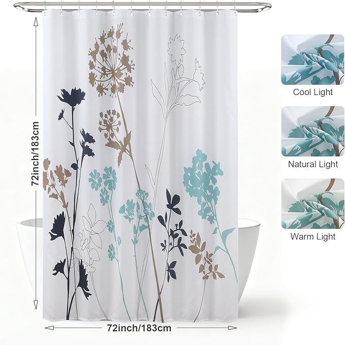 Silhouette Blue Flower Fabric Plants Printed Navy Fabric Shower Curtain,White Floral Bathroom Curtains,72" W x 72" L