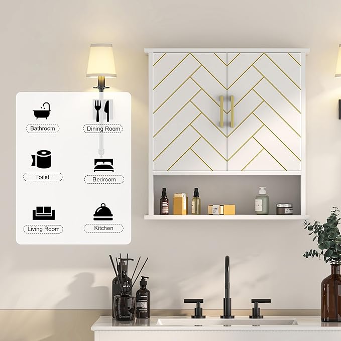 White Chevron Pattern Bathroom Wall Mount Cabinet, Stylish Hanging Medicine Cabinet with Open Shelf, Over The Toilet Storage for Bathroom Kitchen (23 5/8" x 22 7/8" x 7 1/8")