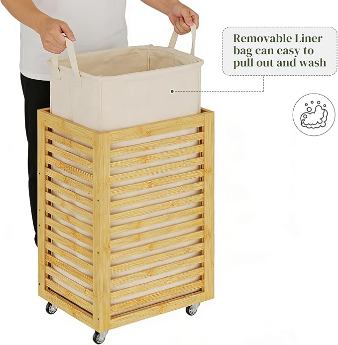 Laundry Hamper with Wheels, Laundry Basket with Liner, 85L Large bamboo wood Laundry Clothes Laundry Hamper, Liner with Handles, Dirty Clothes Storage Cart For Laundry Room, Dorm, Bedroom(Natural)