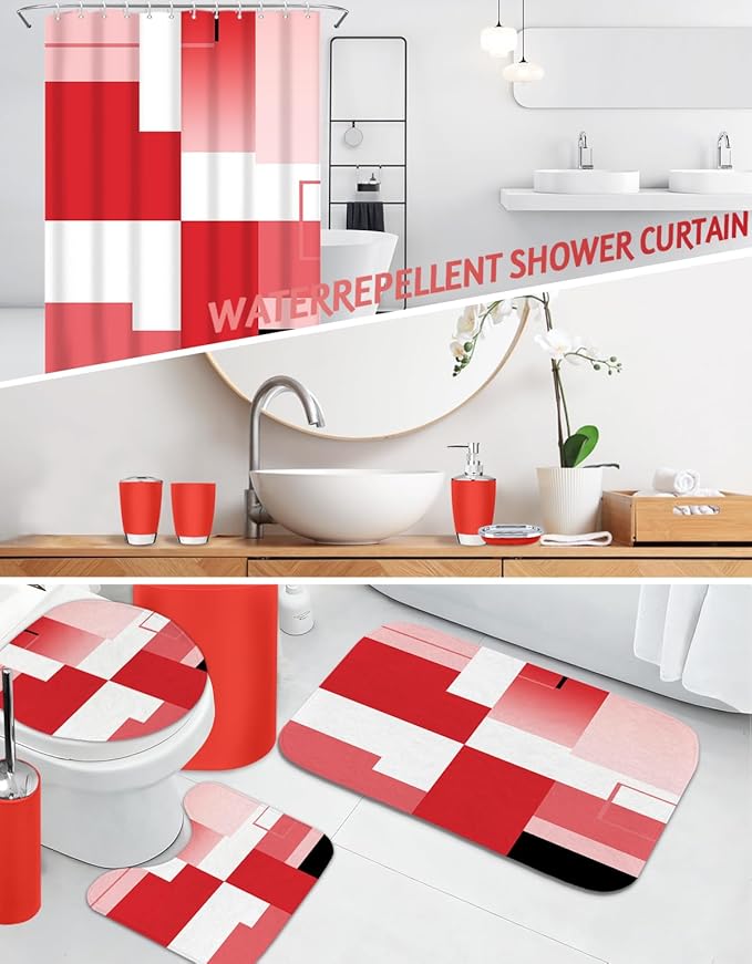 Lnond Red Bathroom Set, 22-Piece Red Geometry Bathroom Decor Set with with Shower Curtain and Rugs, Trash Can, Toilet Brush Holder Set & Soap Dispenser