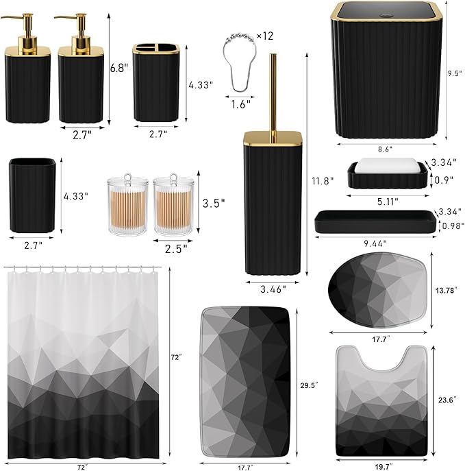 XLHOMO Bathroom Accessory Set - 26PC Bathroom Shower Curtain and Rug Set, Bathroom Accessories Set, Black Bathroom Set with Trash Can, Toilet Brush, Qtip Holder & Soap Dispenser