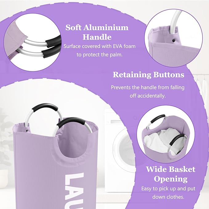 2Pcs 95L Purple + Pink Laundry Basket, Folding Laundry Hampers for Women with Soft Handles, Freestanding Dirty Clothes Basket, Sturdy Oxford Fabric Clothes Hampers for Travel, Dormitory