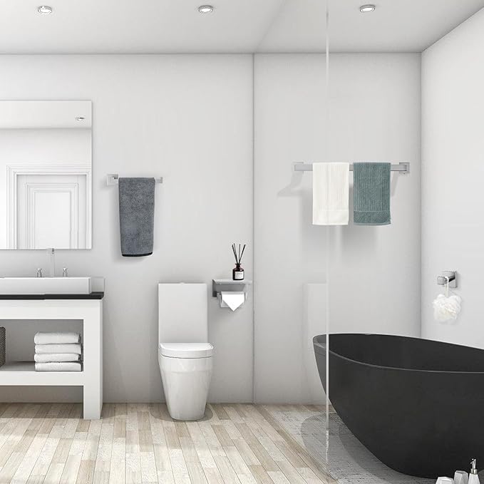 TURS Bathroom Hardware Set 4-Piece Brushed Bath Towel Bar Set Include 24 Inch Towel Bar Hand Towel Holder Towel Hook Toilet Paper Holder with Shelf Stainless Steel Bathroom Accessories Set