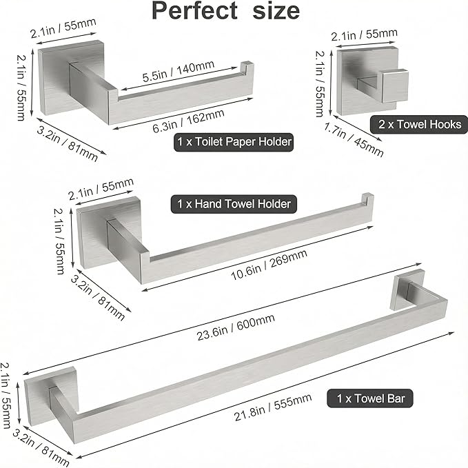 5-Piece Brushed Nickel Bathroom Hardware Set, Wall Mounted Thickened 304 Stainless Steel Towel Holder Set, Featuring 23.6" Towel Bar, Hand Towel Rack, Toilet Paper Holder, and 2 Towel Hooks