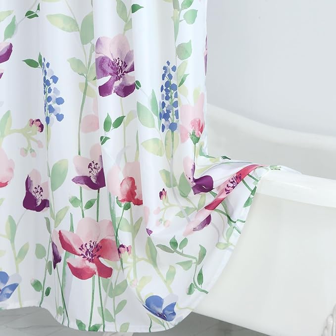 Long Fabric Floral Shower Curtain, Green Pink Purple Blue Watercolor Flower Shower Curtains for Bathroom, Waterproof Bathroom Curtains, 72" W x 78" H