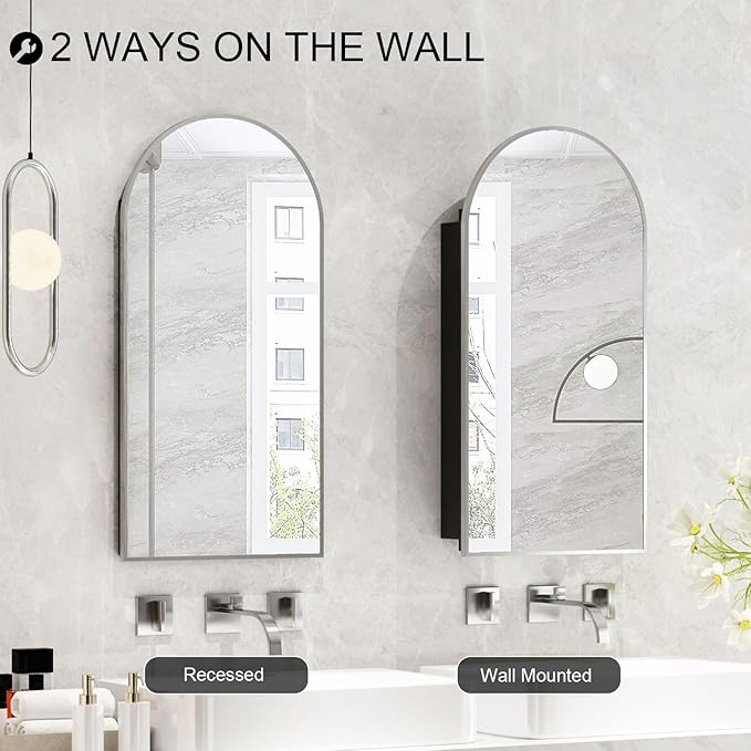 Arched Medicine Cabinet with Mirror,Recessed Medicine Cabinet Mirrors for Bathroom Mirror with Storage,Arched Metal Edge Medicine Cabinet,Brushed Nickel Arch Medicine Cabinets Mirror 16x31