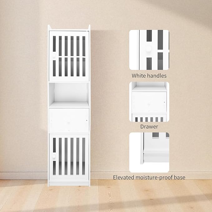 Tall Bathroom Storage Cabinet,11.4x 11.4 x 46.5 Inches Multipurpose Small Storage Cabinet with 2 Doors 5-Tier Side Storage Organizer Cabinet Unit for Bathroom Living Room Hallway Kitchen, White