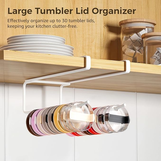 Glass Shelf for Bathroom ，Glass Aluminum，Adhesive-Free Cup Lid Organizer, Dual Hook Hanging Storage for Kitchen, No Drill, Ideal for and Lids