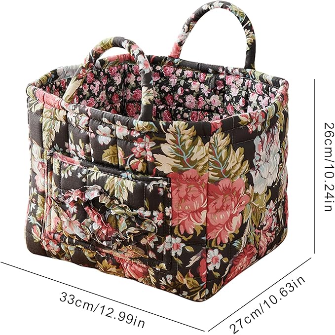 Quilted Fabric Basket Car Storage Basket Boho Floral Laundry Hamper for Nursery Bedroom & Living Room | Organize Clothes Toys