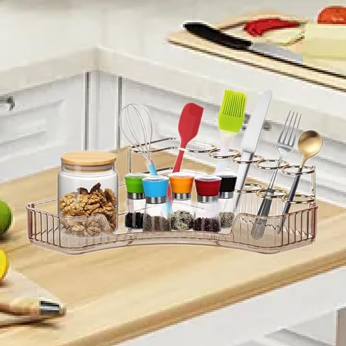 Makeup Organizer for Vanity Corner Storage Shelf for Bathroom Countertop Skincare Organizer with Makeup Brush Holder (Amber)
