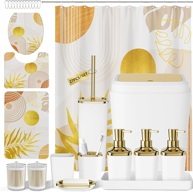 Bathroom Accessories Set - 27PC Bathroom Sets with Shower Curtain and Rugs, White Bathroom Set, White Bathroom Accessory Set with Trash Can, Toilet Brush & 3 PC Soap Dispensers