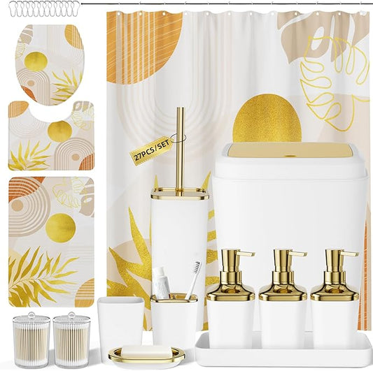 Bathroom Accessories Set - 27PC Bathroom Sets with Shower Curtain and Rugs, White Bathroom Set, White Bathroom Accessory Set with Trash Can, Toilet Brush & 3 PC Soap Dispensers