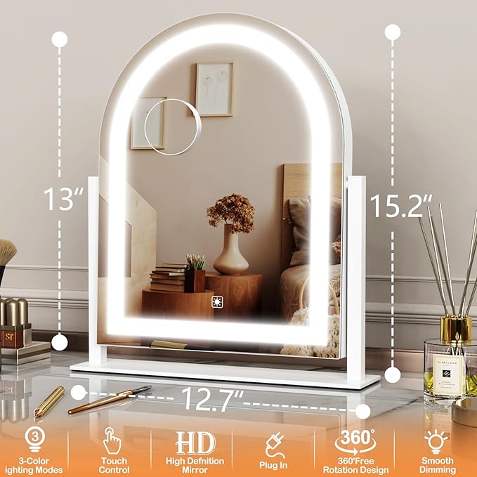 Gvnkvn Lighted Makeup Mirror, Hollywood Vanity Mirror with Lights, Three Color Lighting Modes, and Detachable 10X Magnification Mirror, Smart Touch Control, 360°Rotation (15.2in White)