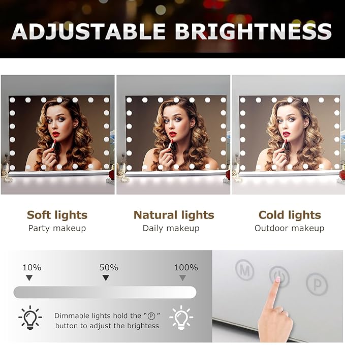 24.4"x 20.4" Vanity Mirror Makeup Mirror with Lights,10X Large Hollywood Lighted Vanity Mirror with 22 Dimmable LED Bulbs,3 Color Modes,Touch Control for Bedroom,Tabletop or Wall-Mounted