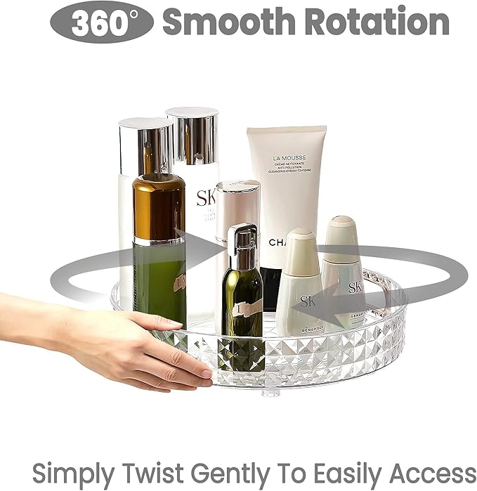360 Rotating Makeup Organizer, 1 Tier Diamond Pattern Perfume Organizer, 10.5" Large Capacity Skincare Lotion Organizer, Designed for Vanity and Bathroom Countertops, Clear