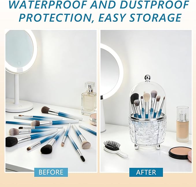 AKAZA 1PCS Rotating Makeup Brush Holder with Lid, rotating makeup organizer for vanity, 360?? Spinning Covered Brushes Storage with Anti-slip Pads for Vanity, Bathroom Countertop (Clear)