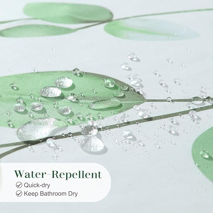 Green Leaf Fabric Shower Curtain, Watercolor Eucalyptus Leaves Plant Shower Curtain, Waterproof Decorative Boho Botanical Bathroom Curtains, 72" W x 72" H