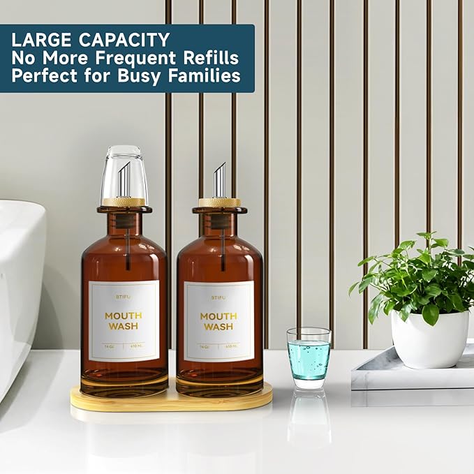 2PCS Amber Glass Mouthwash Dispenser for Bathroom Countertop – 14oz/410ml Refillable Mouthwash Bottle with Stainless Steel Pour Spout & Bamboo Tray, Modern Decor for Office, Airbnb, Gym (Amber)