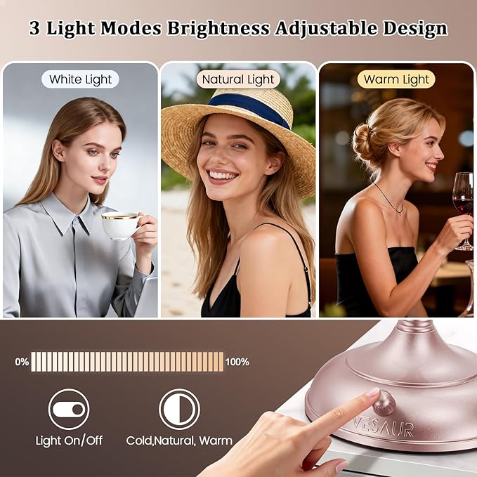 VESAUR Lighted Makeup Mirror Rose Gold Nickel, Double Sided 1X/10X HD Undistorted Magnifying Mirror, 8.5" Vanity Mirror with 3 Colors Dimmable 90 Bright LEDs, 360°Swivel Two Power Supply, Luxury Gifts