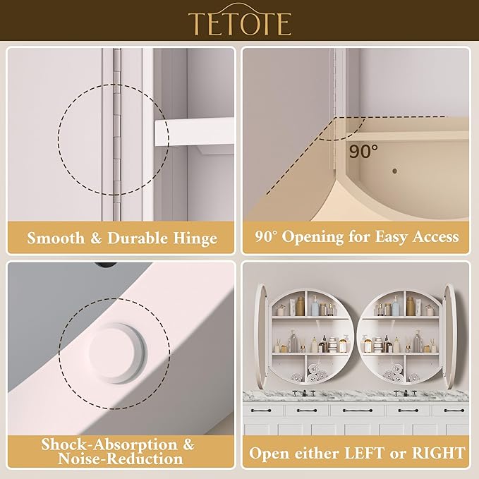 TETOTE 24 x 24 Inch Medicine Cabinet Mirror White Framed Round Mirrored Medicine Cabinets for Bathroom Adjustable Shelves Modern Bathroom Mirror with Storage Wall Mounted