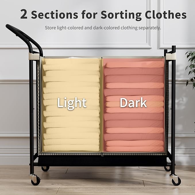 Laundry Hamper with Wheels,Laundry Basket with Removable and Washable Liner Bag, Metal-frame Laundry Cart with Handle for Bedroom, Bathroom, Dorm Room, Laundry Room (160L)