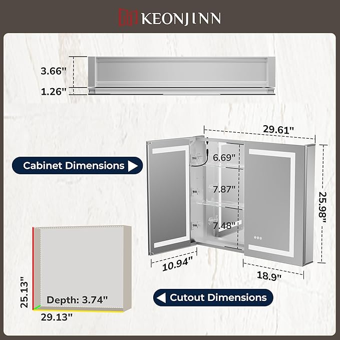 Keonjinn 30 x 26 Inch Lighted Medicine Cabinet with 2-Side LED Mirror & Electrical Outlet, 3 Color Lights Dimmable Tempered Glass Frontlit Anti-Fog UL Listed Recessed Wall Mount for Bathroom Storage